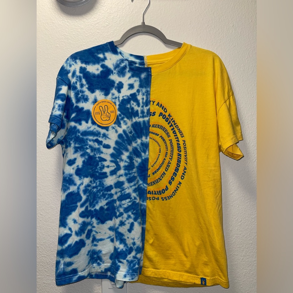 Dutch Bros Coffee T-shirt Blue Yellow Tie Dye Split Shirt